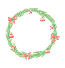 Christmas winter floral wreath. Tree branches composition with red stars, balls and bows. New year frame. Watercolor hand painted illustration. Isolated object on white background