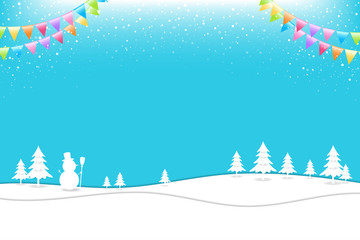 Fototapeta na wymiar Merry Christmas banner poster template with festive elements; snowman, pine tree