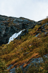 Norwegian Autumn powerful waterfall in the Forest