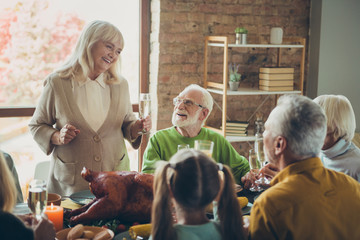 Big happy family meeting celebrate thanksgiving day sit table enjoy meal with roasted meat poultry retired woman say toast to small little kids pensioner relatives in house