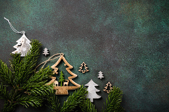 Overhead Shoot Of Wooden Christmas Tree And Decoration. Winter Holidays Background With Copy Space, Flat Lay, Top View.