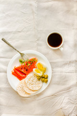 Close-up Of Young Woman Having A Lunch Break. High protein and low carbohydrate meal. Paleo diet concept. Top view.