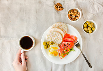  Top view Of Young Woman Having A Lunch Break. High protein and low carbohydrate meal. Paleo diet concept.Copy space