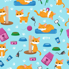 Childish seamless pattern on blue background. Red cats with objects for care. Kawaii kittens, cat food, toys and paws. Cartoon characters.