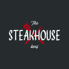 Steak house set logo with grill, steak, knife, meat, wine and beer. A restaurant. Steak cafe. Vector illustration.