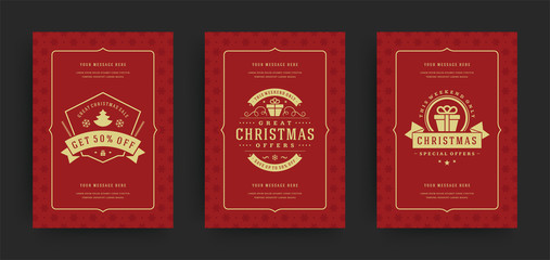 Christmas sale flyers or banners design set discount offers and snowflakes pattern background with ornate decoration