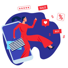 Young fashion woman shop online using smartphone. E-commerce and online shopping. Flat vector illustration.