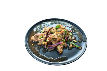  spicy roasted pork Thai salad eat with fresh basil leaf and cabbage on plate