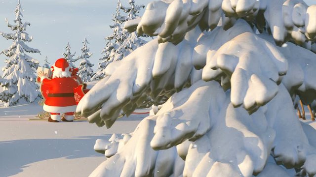 Santa Claus with Reindeer Goes on the Way. Beautiful 3d Animation with a Merry Christmas Text on a Green Background. Full HD 1080