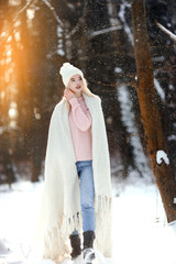 woman walk park winter snow back