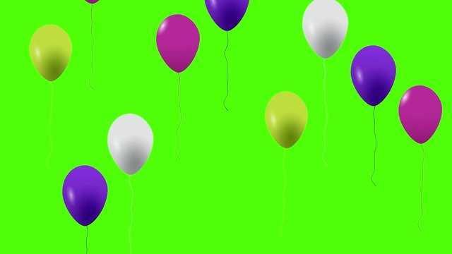 Colorful balloons flying in the air. Flying balloons. Multicolored balloons. Balloons rising in the air. Helium balloon with rope. Chroma key. Green screen. Ultra HD - 4K
