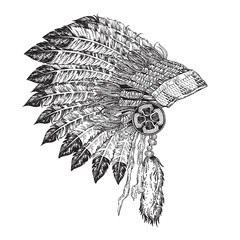 American indian chief headdress hand drawn. Vector illustration vintage. Black and white graphic design.