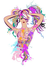 Obraz na płótnie Canvas Silhouette of a fashion beautiful girl from colorful splashes and waves. Hand drawn vector illustration.