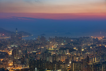 Fototapeta na wymiar Aerial view of Hong Kong city at dusk