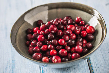 Fresh ripe cranberries in bowl on table close-up