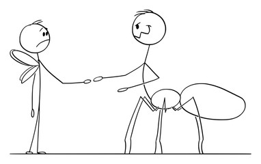 Vector cartoon stick figure drawing conceptual illustration of fly and spider shaking hands as business metaphor of authority and power.