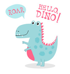 Cute little dinosaur in vector cartoon slyle with hand drawn lettering