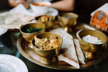 Nepali vegetarian set. Buckwheat bread, vegetable curry, beans and paneer
