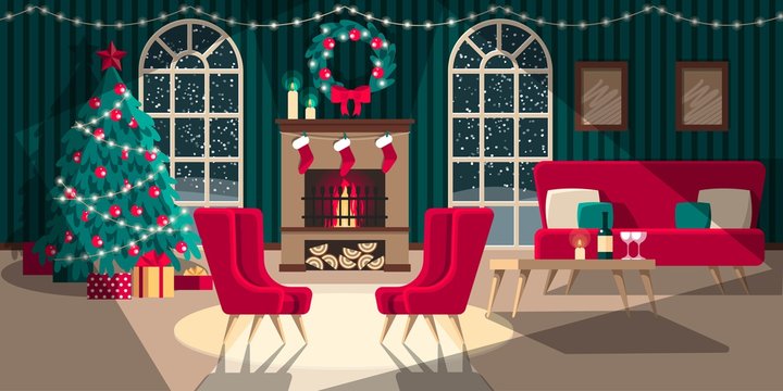 Vector illustration of interior with fire place