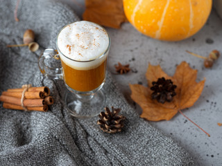 Pumpkin autumn coffee latte spicy with cinnamon . Thanksgiving drink