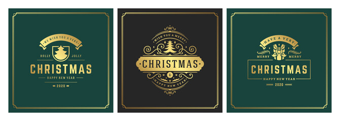 Christmas square banners vintage typographic design, ornate decorations symbols vector illustration