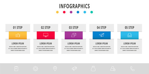 Vector infographic flat template. Rectangles for five diagrams, graph, flowchart, timeline, marketing, presentation. Business concept with 5 labels