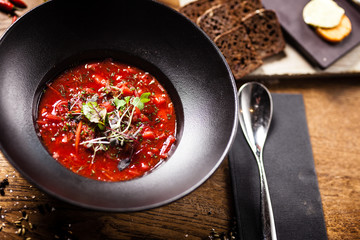 Beetroot soup served in a bowl in restaurant