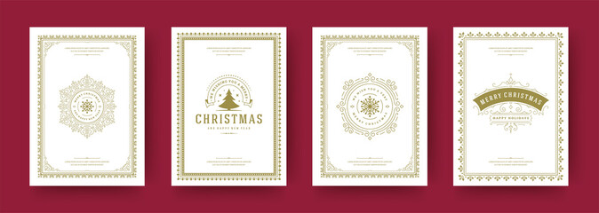 Christmas cards set vintage typographic design ornate decorations symbols with winter holidays wish vector illustration