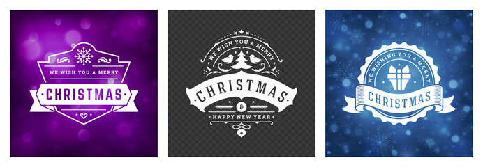 Obraz premium Christmas photo overlays vintage typographic design ornate decoration symbols with holidays wishes vector illustration