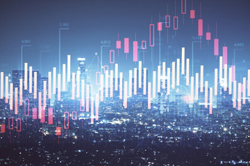 Naklejka premium Forex chart on cityscape with tall buildings background multi exposure. Financial research concept.