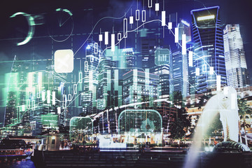 Financial chart on city scape with tall buildings background multi exposure. Analysis concept.