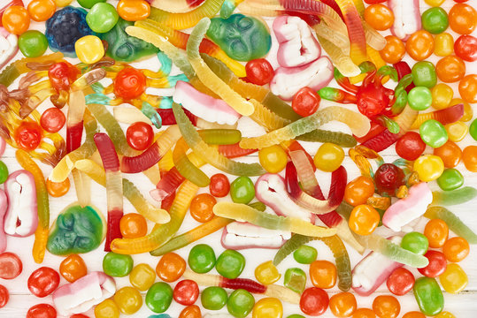 top view of delicious colorful gummy spooky Halloween sweets