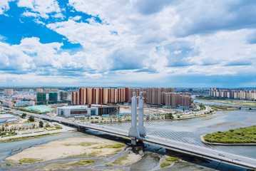 Fototapeta premium Aerial view of Hailar hassar bridge, Hulunbeir, Inner Mongolia, China