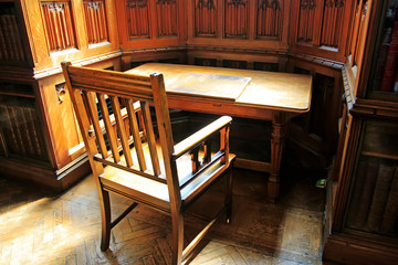 Tables and chairs in the third floor study room of John Rylands Library, Manchester, England.