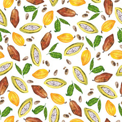 Seamless pattern with cocoa pods, beans and green leaves on white background. Hand drawn watercolor illustration.