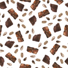 Seamless pattern with dark chocolate pieces and cocoa beans on white background. Hand drawn watercolor illustration.