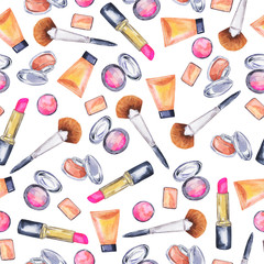 Seamless pattern with decorative cosmetic, makeup brushes and tubes on white background. Hand drawn watercolor illustration. - 300356001