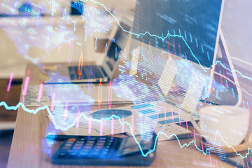 Multi exposure of forex graph and work space with computer. Concept of international online trading.