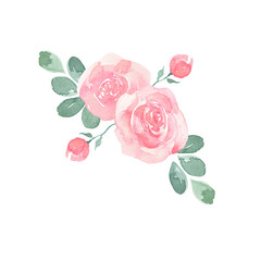 Fototapeta premium Pastel pink rose and green leaves bouquet isolated on white background. Hand drawn watercolor illustration.
