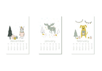 Naklejka premium Cute design for calendar 2020, winter months with animals, deer, tree. Week starts on Sunday. Vertical editable calender page template can be used for web, banner, poster and printable graphic