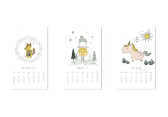 Cute design for calendar 2020, spring months with girl and trees. Week starts on Sunday. Vertical editable calender page template can be used for web, banner, poster and printable graphic