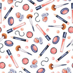 Fototapeta na wymiar Seamless pattern with makeup, brushes and black bracelets on white background. Hand drawn watercolor illustration.
