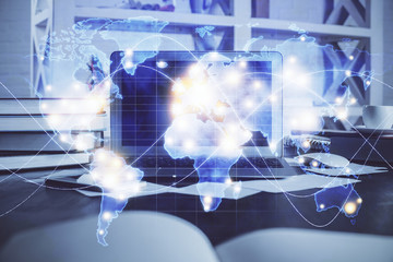 Multi exposure of business theme icons and table with computer background. Concept of success.