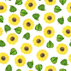 Seamless pattern with yellow sunflowers and fresh green leaves on white background. Hand drawn watercolor illustration.