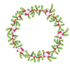 Green leaves and red and white berries frame isolated on white background. Hand drawn watercolor illustration.