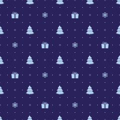 Festive Christmas background. Winter background with fir-trees, gifts and snowflakes. Vector seamless pattern.