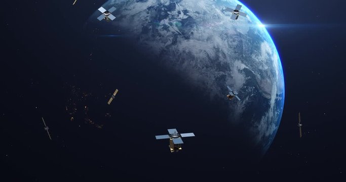 Satellites Flying Around Orbiting Planet Earth. Technology Related Scene. 4K CG Animation Of Dramatic Scene. Earth Images From NASA