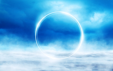 Background of a winter landscape. Snow covered road, fog. Reflections of the neon glow in the sky.