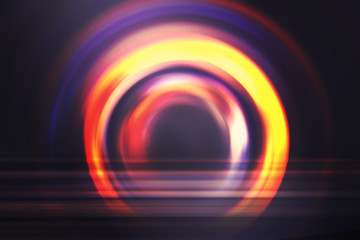 Empty dark background scene of the show. Neon ultraviolet blurry lights. Blurry lights of the night city in reflection on the surface. Smoke,  fog