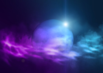 A transparent ball with a reflection in the center of an abstract dark background. Smoke, empty scene background